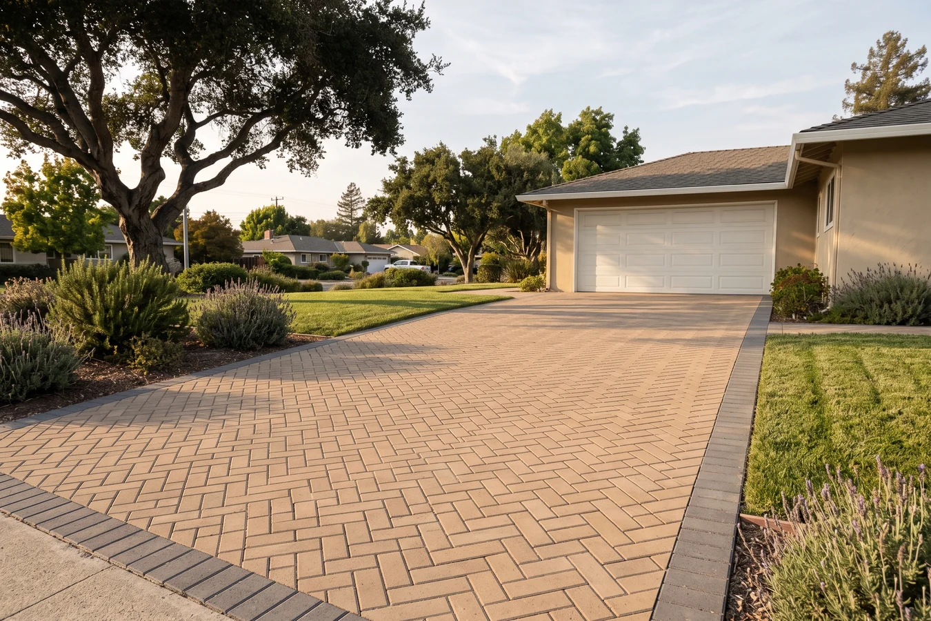 Buff concrete pavers laid in an interlocking herringbone field across a driveway, with a charcoal border course along the edge