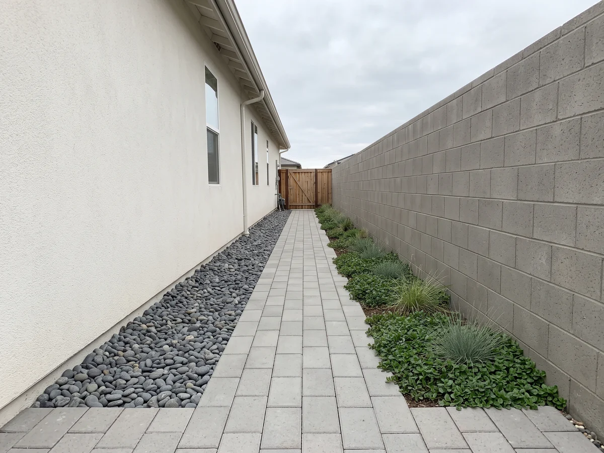 Narrow side yard paver walkway with a river rock drainage strip along the house wall and a planted strip along a block wall